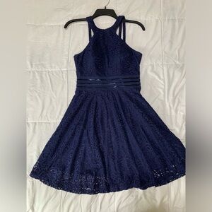City Studio Juniors Dress sz 7 Navy Floral Lace Sleeveless Lined Fit & Flare
